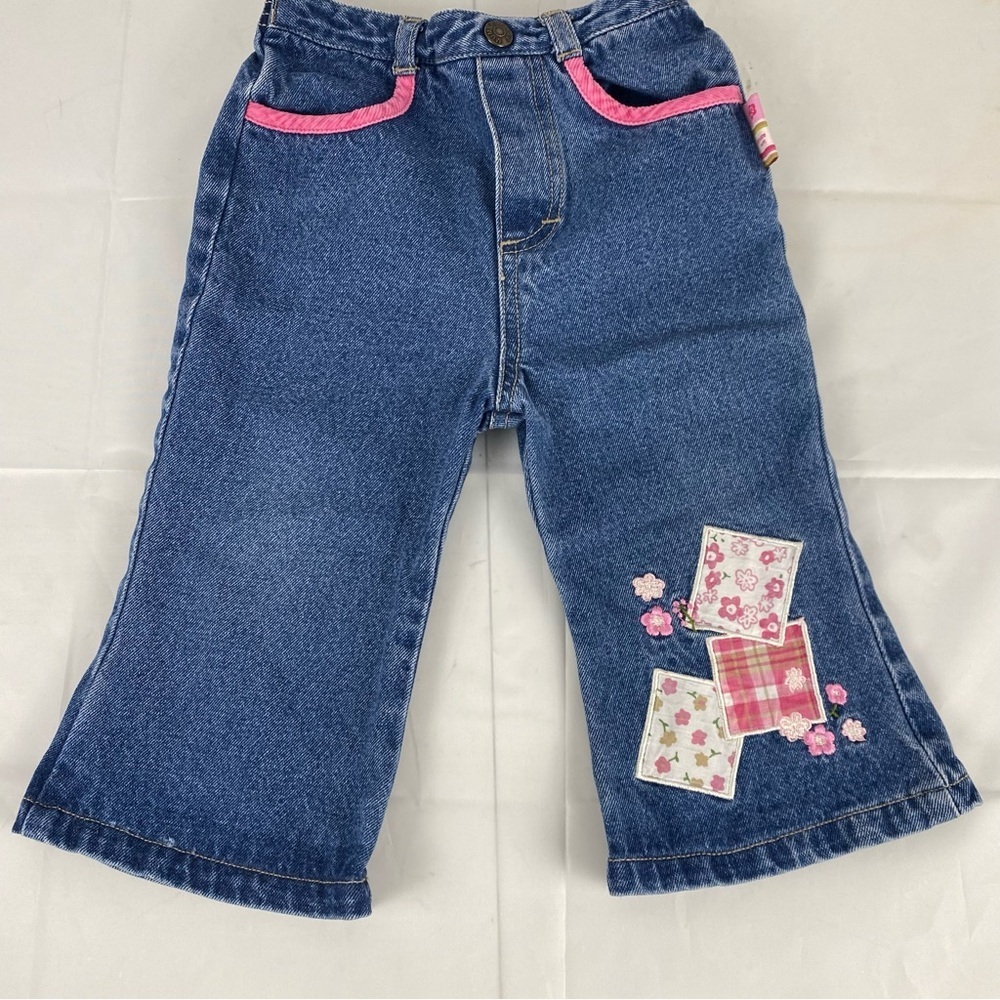 Please Mum Girls Denim Flare Jeans with Pink Patchwork Accents 18 months 90s Y2k - Picture 1 of 5